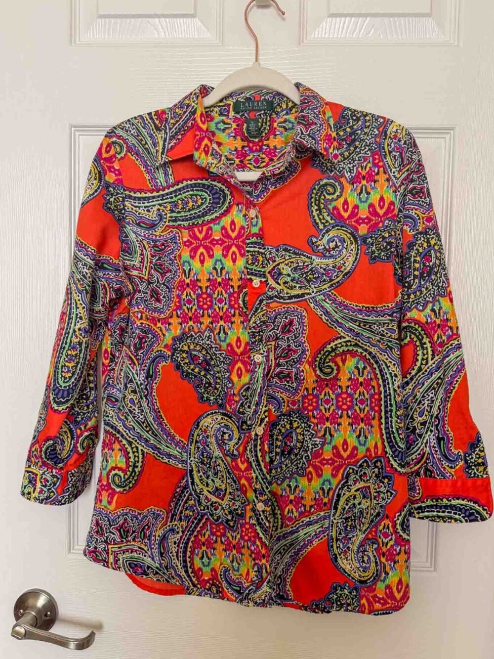 Lauren Ralph Lauren Paisley Shirt Women’s M Orange Multicolor Cotton Button Up - Picture 4 of 15